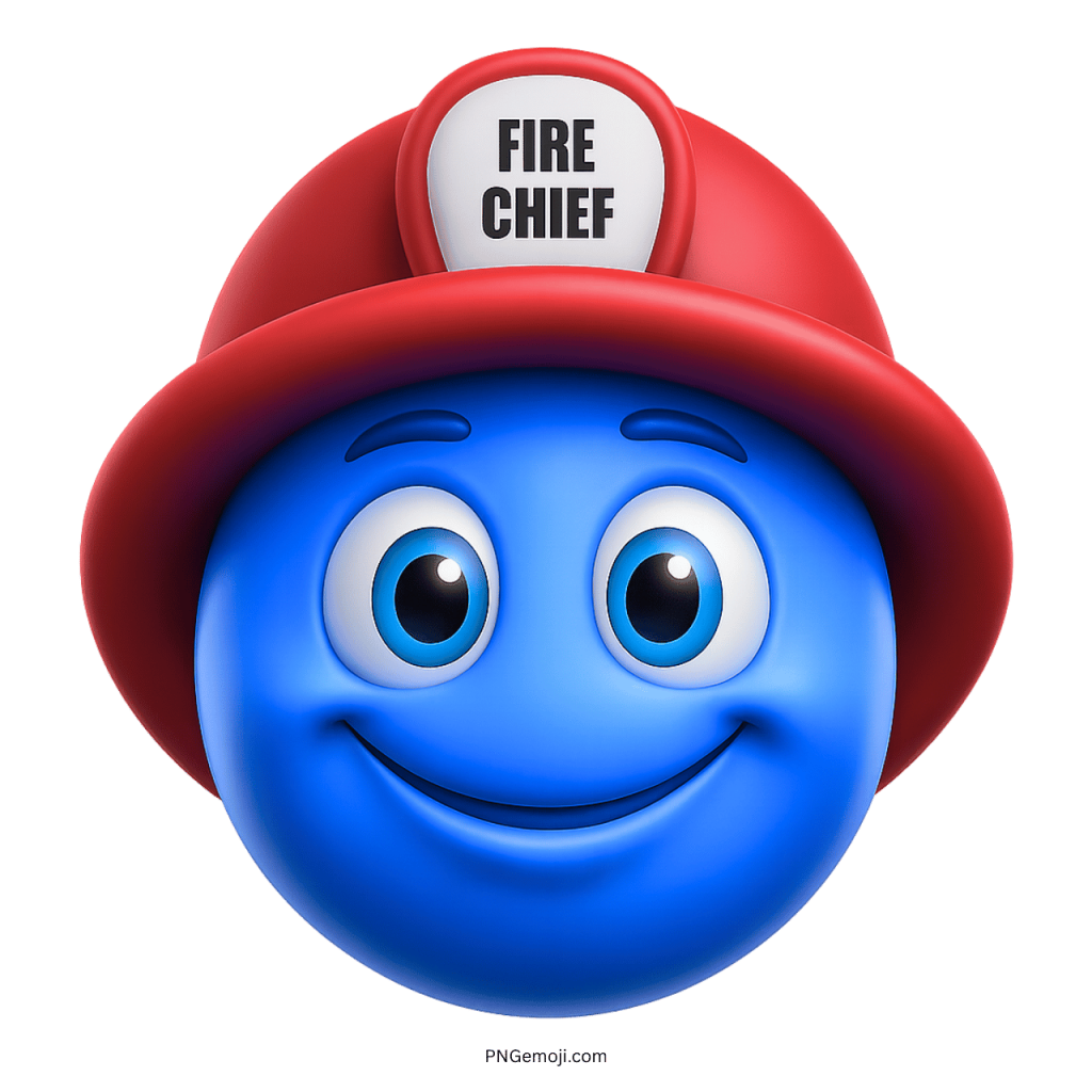 Smiling blue emoji face wearing a red firefighter helmet labeled fire chief