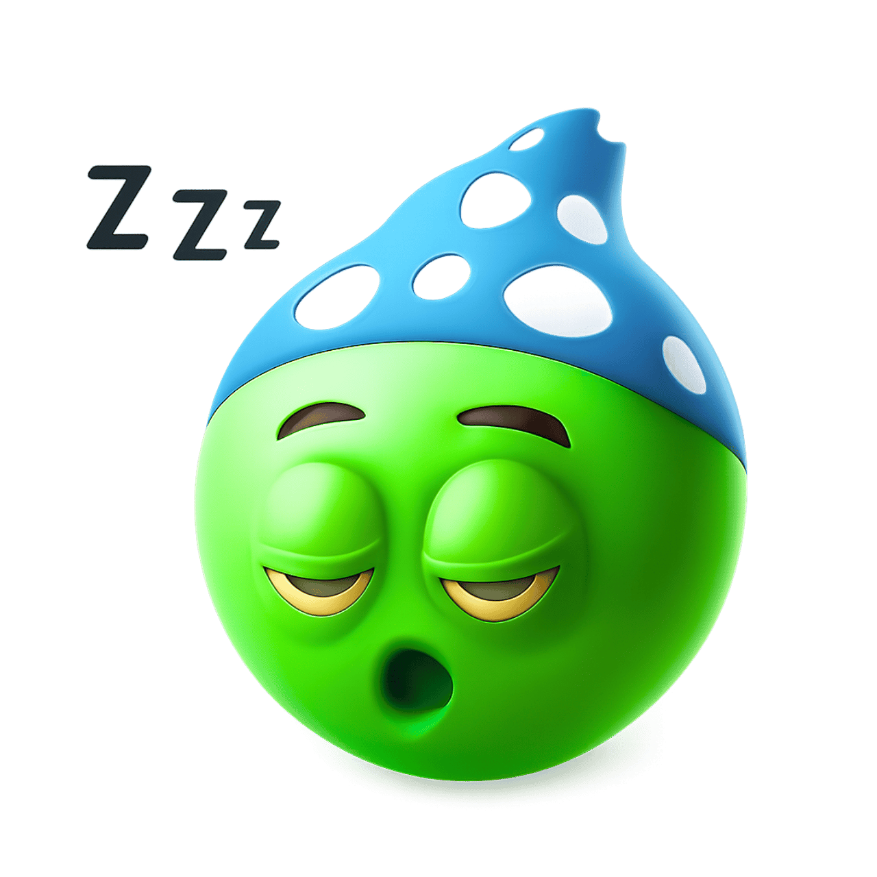 3D snoozing emoticon emoji with green face, blue hat, and sleepy expression on a transparent background.