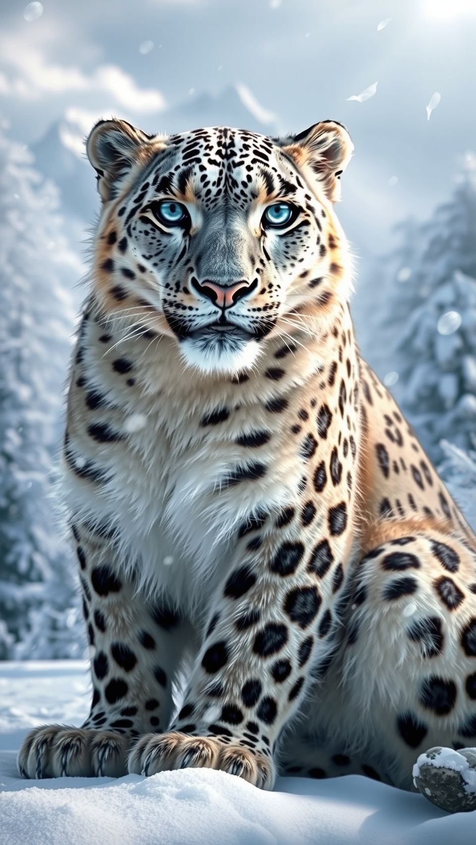 A realistic snow leopard resting in the snow-covered mountains, showcasing its stunning fur and blue eyes.