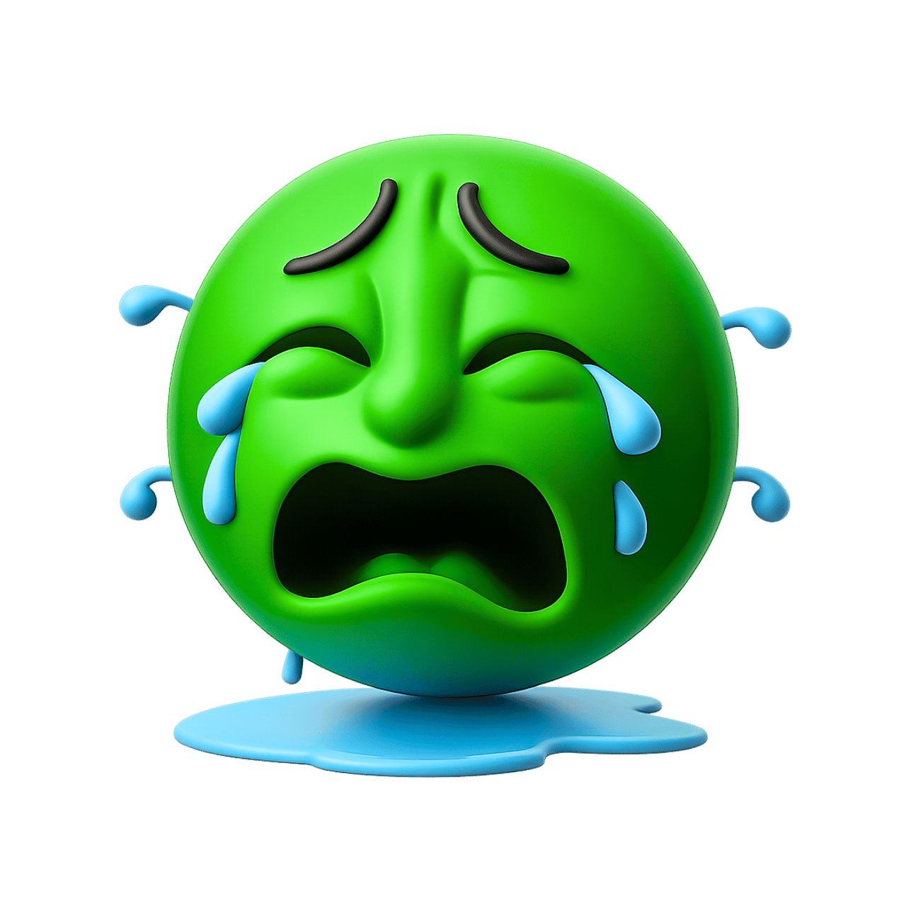 3D green crying emoticon with tears and puddle on transparent background