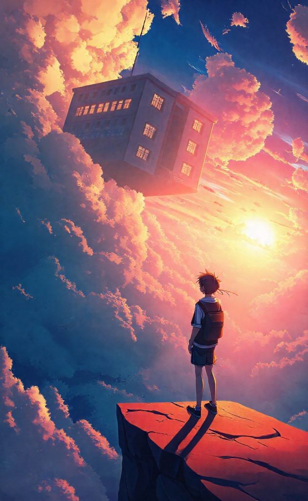 Sonny Boy anime wallpaper featuring surreal floating school above glowing sunset clouds