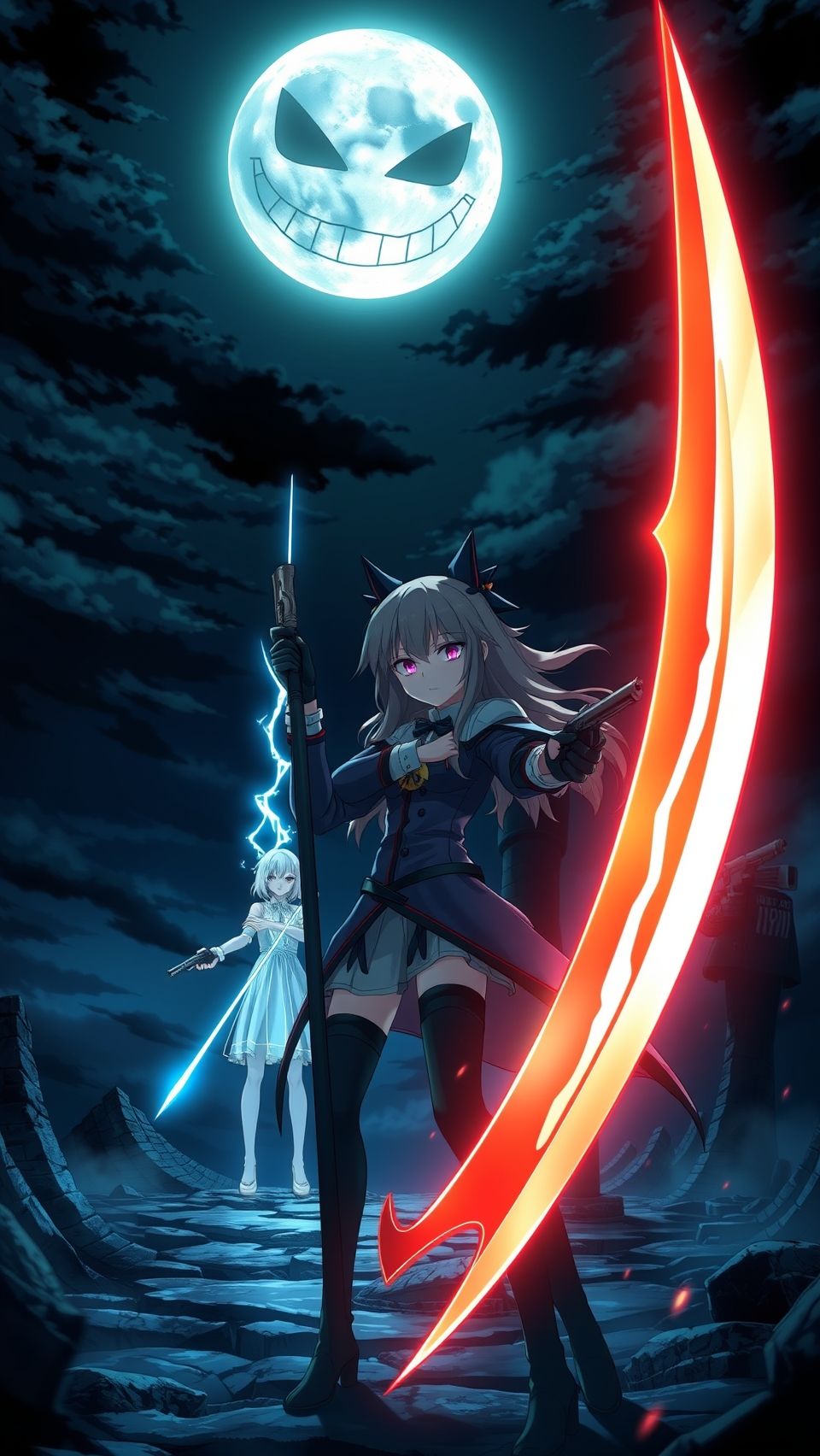 Soul Eater anime wallpaper featuring moon, warrior girl with glowing sword and gun