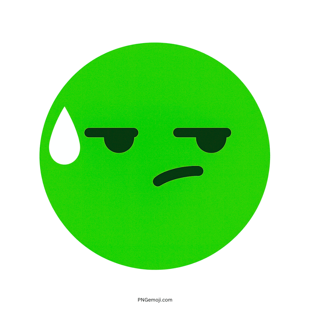 Speechless TikTok emoji green face with sweat drop and unimpressed facial expression