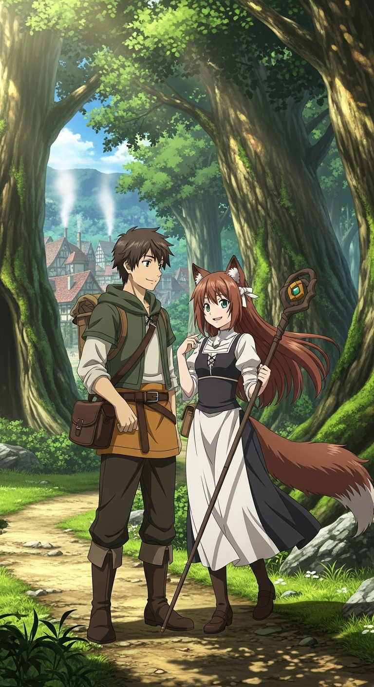 Spice and Wolf anime wallpaper featuring Holo and Kraft walking through a forest with a village in the background.