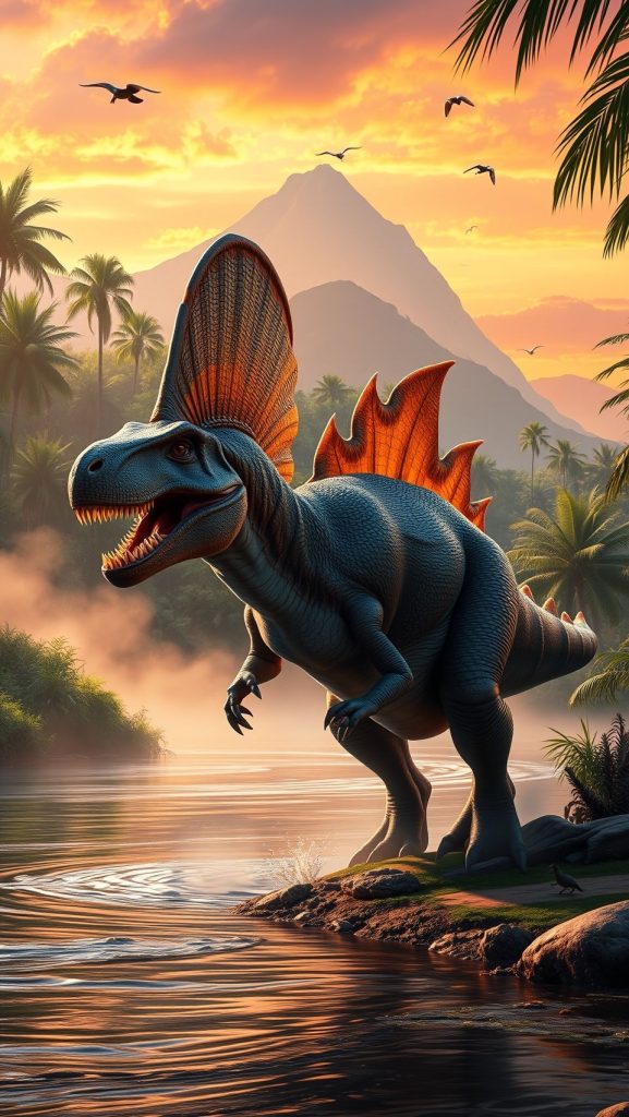 A Spinosaurus standing near water with a sunset backdrop, showcasing its large sail and dynamic pose in a tropical landscape.