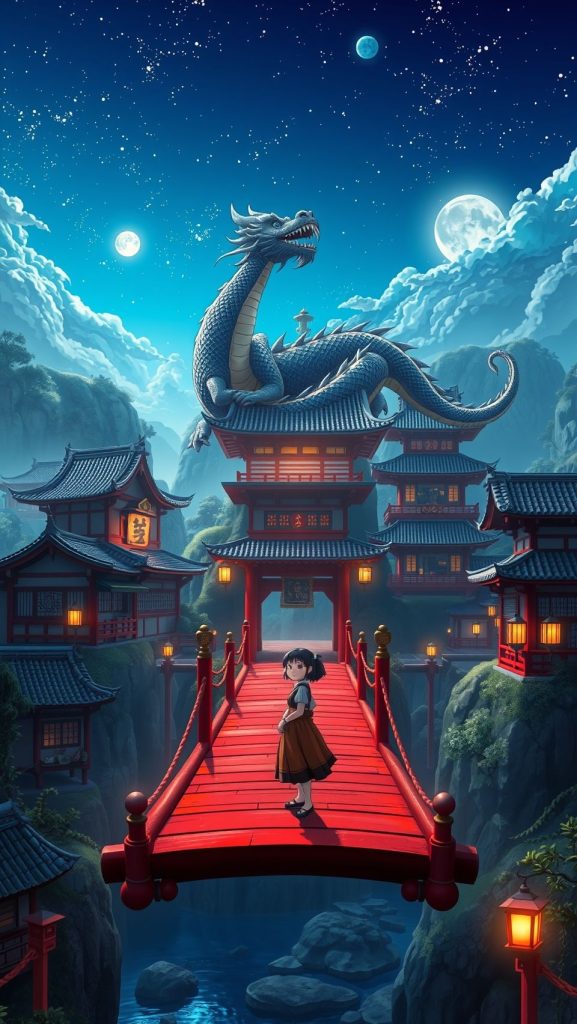 Spirited Away anime wallpaper with dragon, girl on red bridge, Japanese night temple scenery