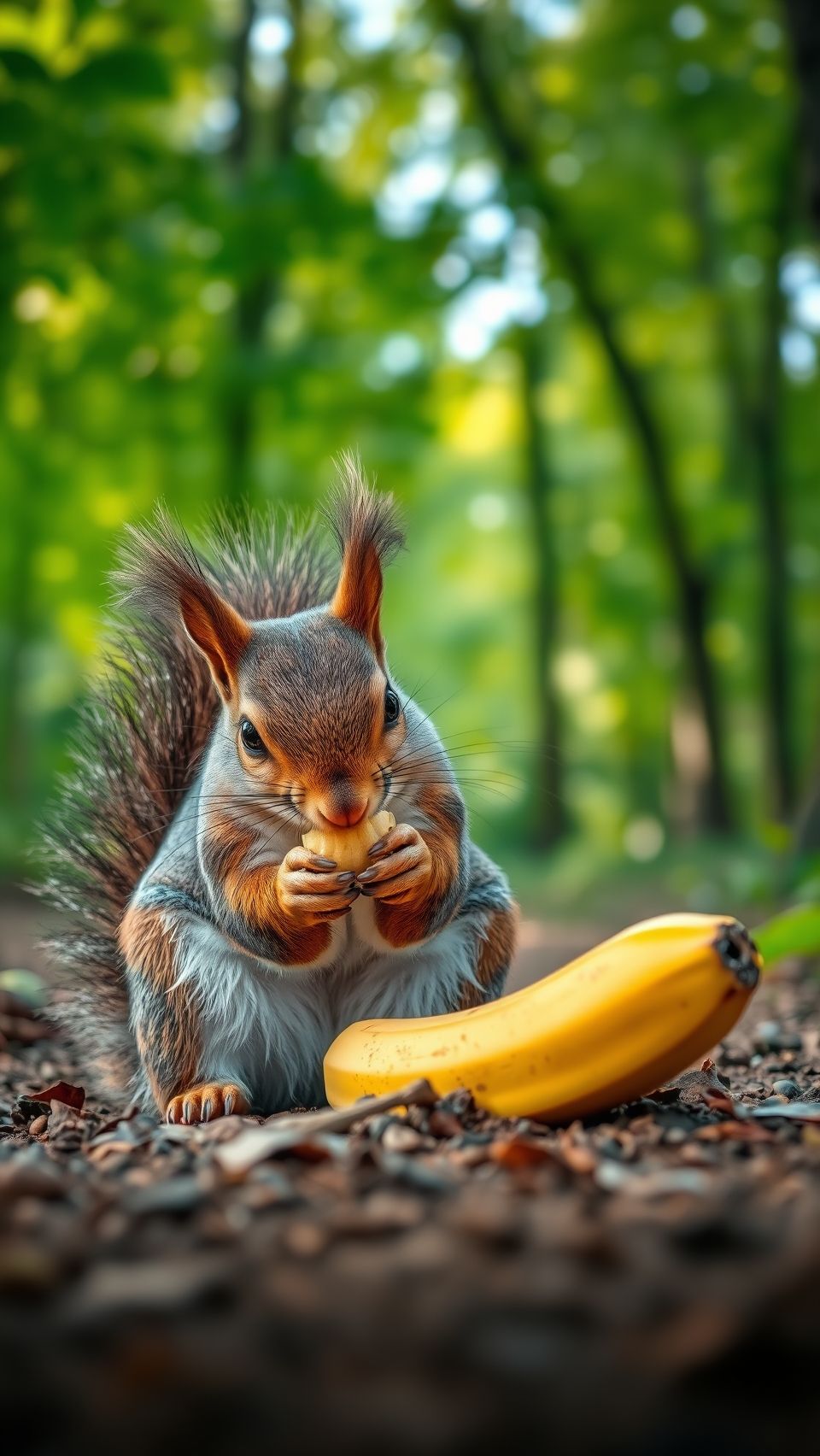 Realistic squirrel eating a banana in a lush forest setting