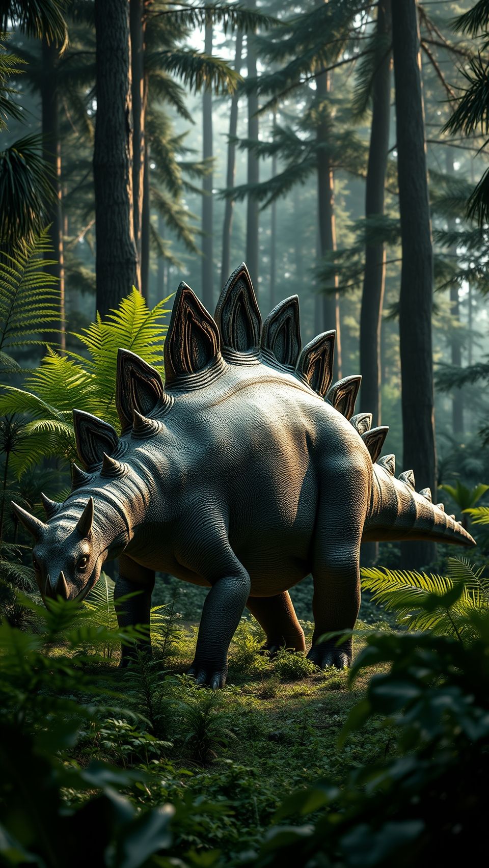 Realistic Stegosaurus dinosaur wallpaper in prehistoric forest with lush green ferns and trees