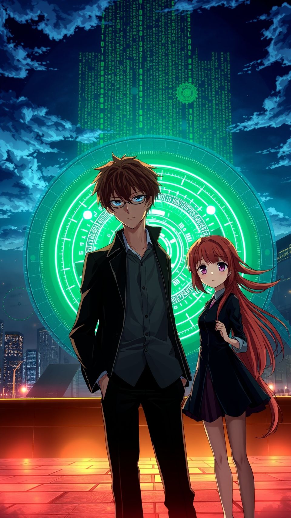Steins;Gate anime wallpaper featuring Rintarou Okabe and Kurisu Makise with glowing digital clock background