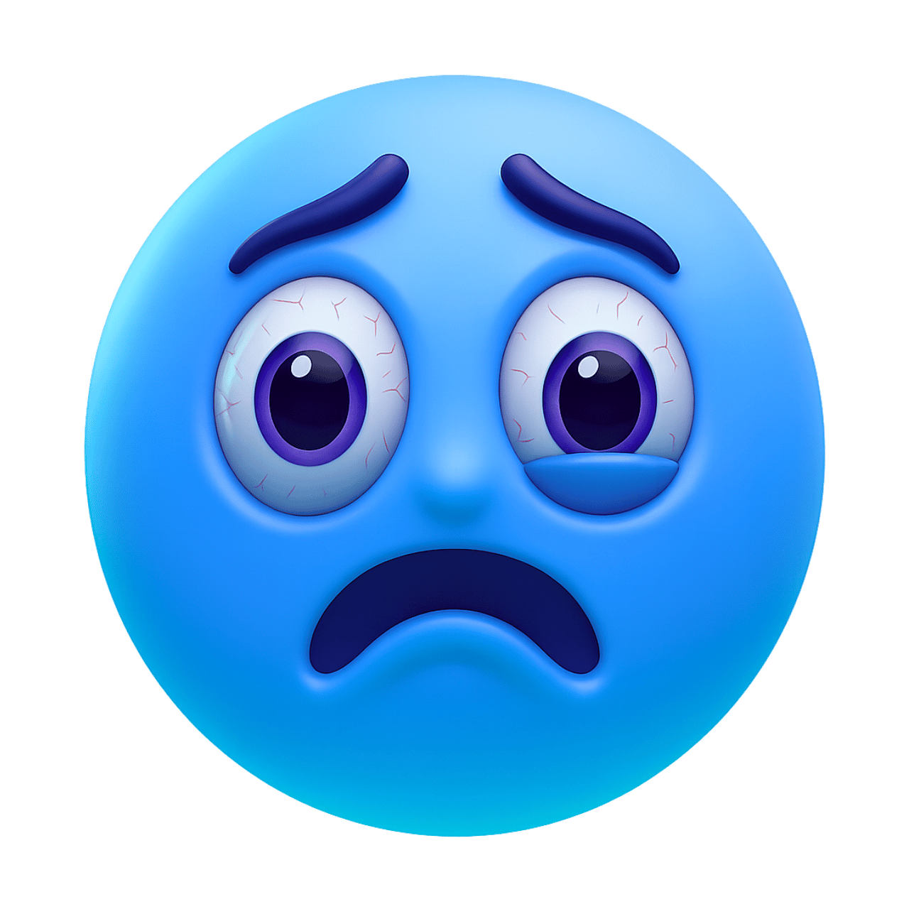 3D stressed blue emoticon emoji with anxious eyes, sad crying face expression