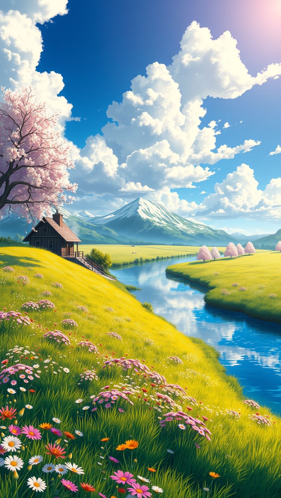 Studio Ghibli wallpaper anime landscape with mountain, river, cottage, and cherry blossoms