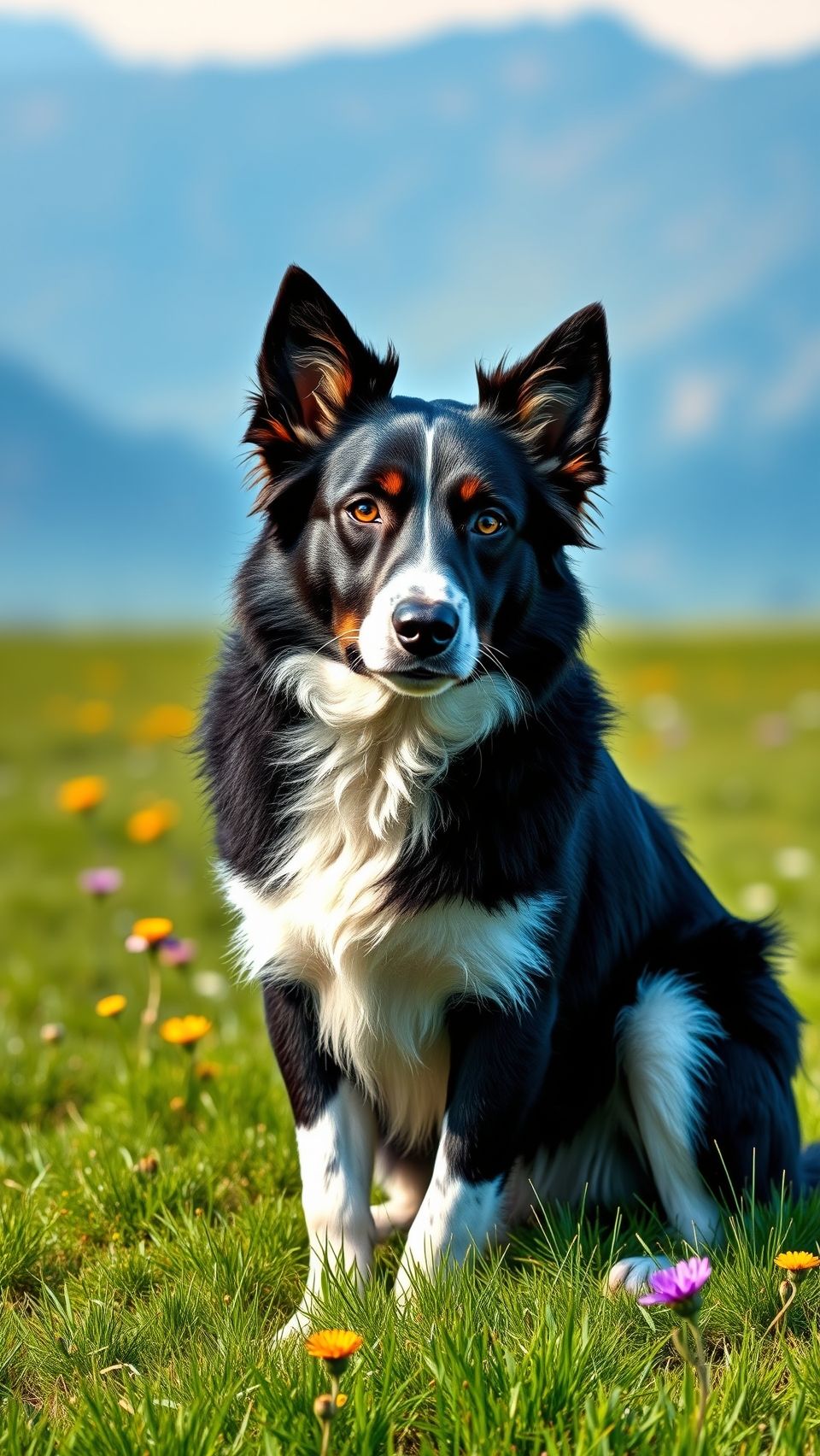 Beautiful black and white Border Collie sitting on green grass with colorful wildflowers