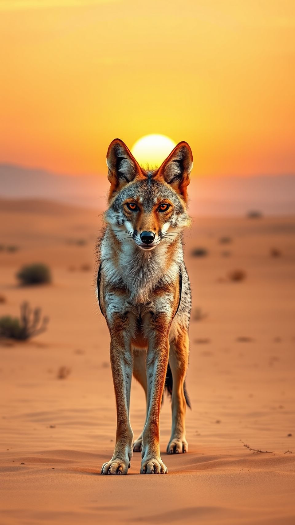 Realistic coyote standing in a desert during sunset with clear sky and sand dunes