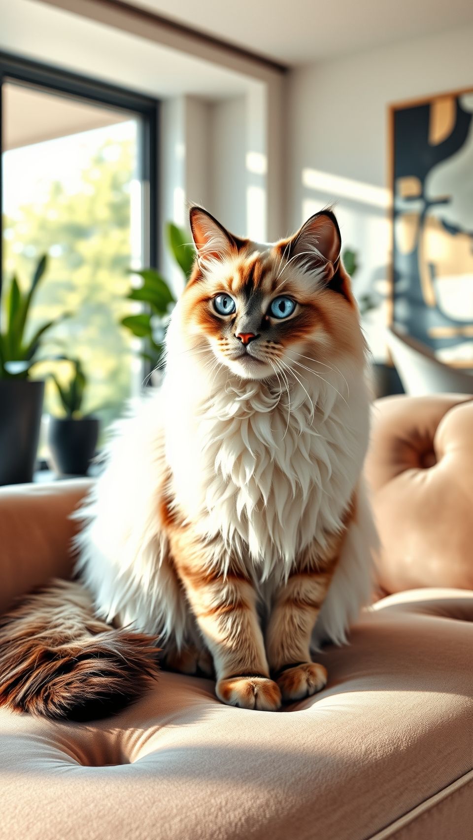 Ragdoll cat with striking blue eyes sitting gracefully on a plush velvet couch in a well-lit room