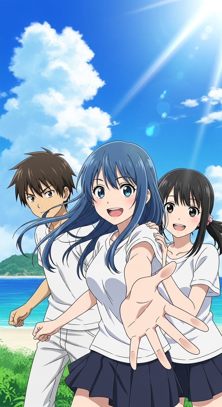 Summer Time Rendering anime wallpaper featuring friends enjoying beach day under bright sunny sky