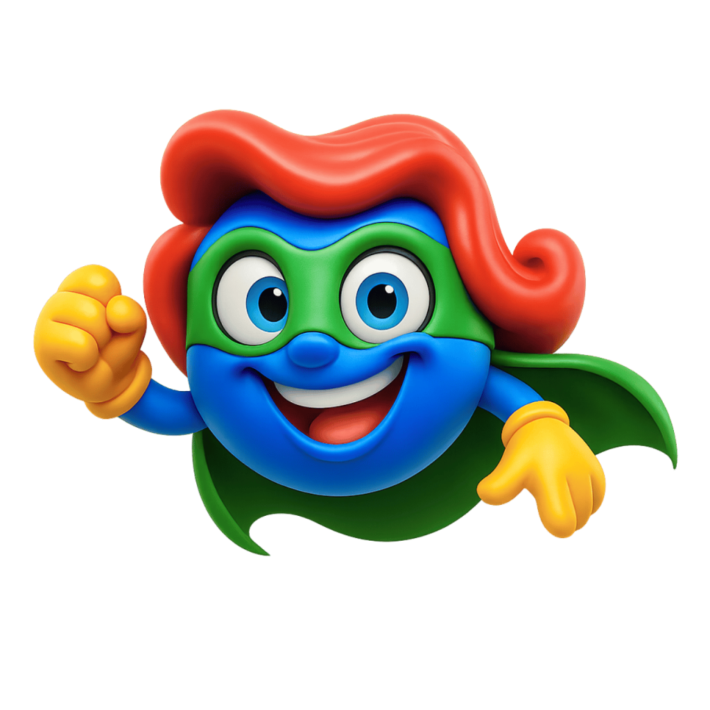 3D Super Girl Smiley emoji with blue face, red hair, green mask, and cape