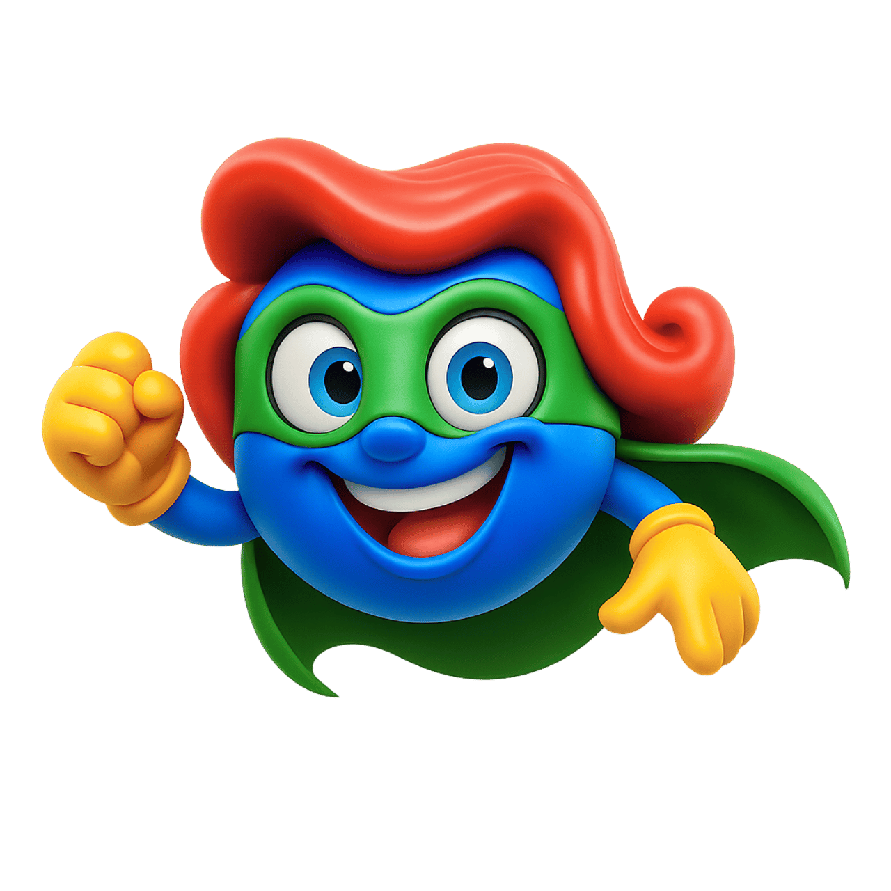 3D Super Girl Smiley emoji with blue face, red hair, green mask, and cape