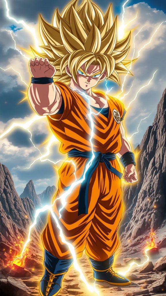 Super Saiyan Goku wallpaper from Dragon Ball Z in powerful lightning aura pose