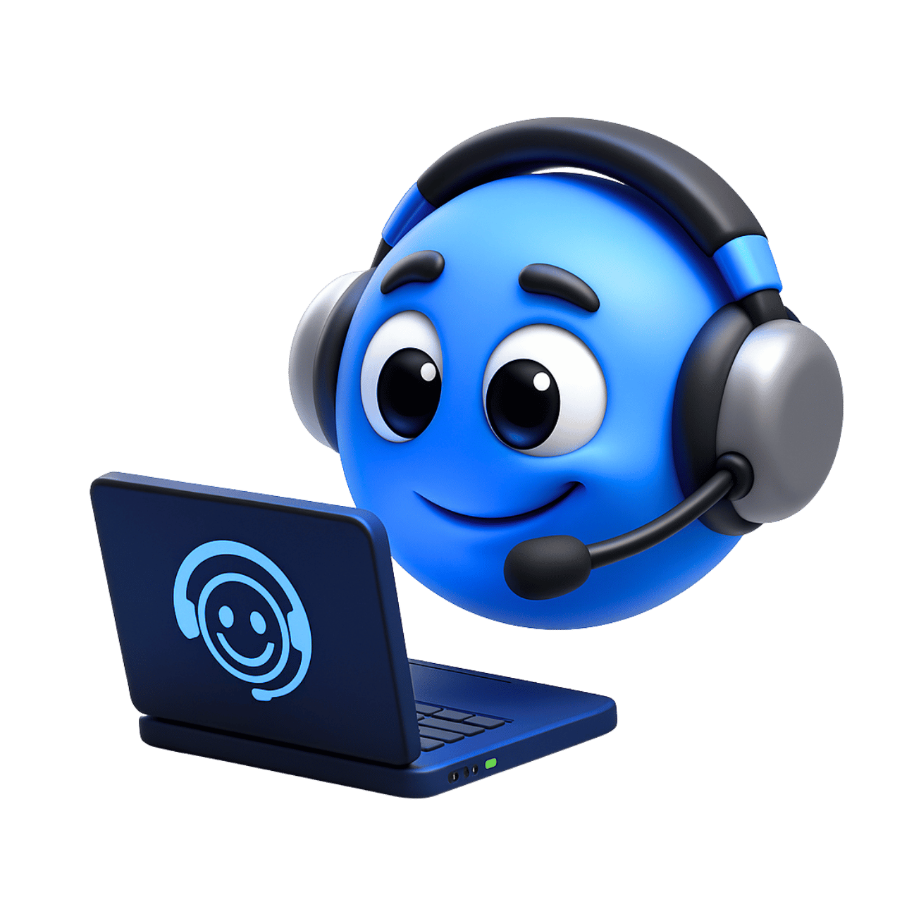 Blue smiling emoji with headset surfing internet on laptop computer cartoon style