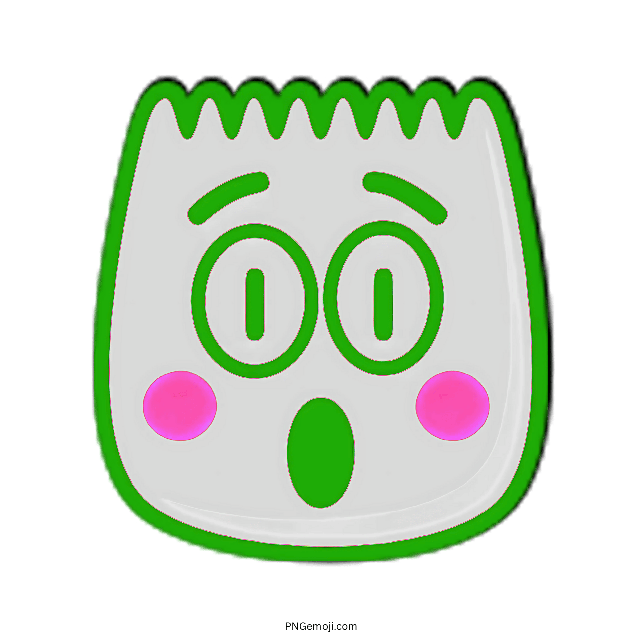 "Wow" emoji with surprised eyes, pink cheeks, and green outline