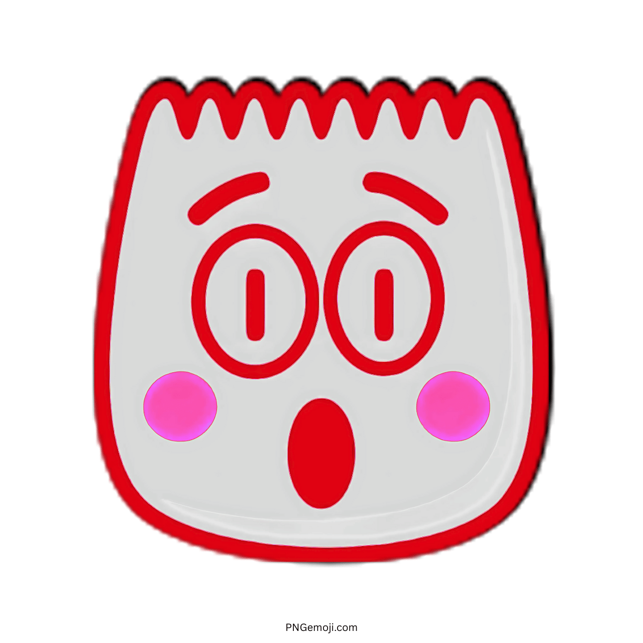  "Wow" emoji with surprised eyes, pink cheeks, and red outline