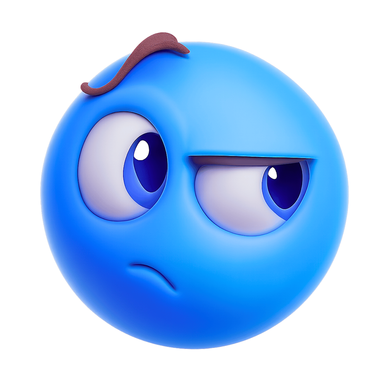3D blue suspicious emoji with raised eyebrow, displaying a playful skeptical expression.
