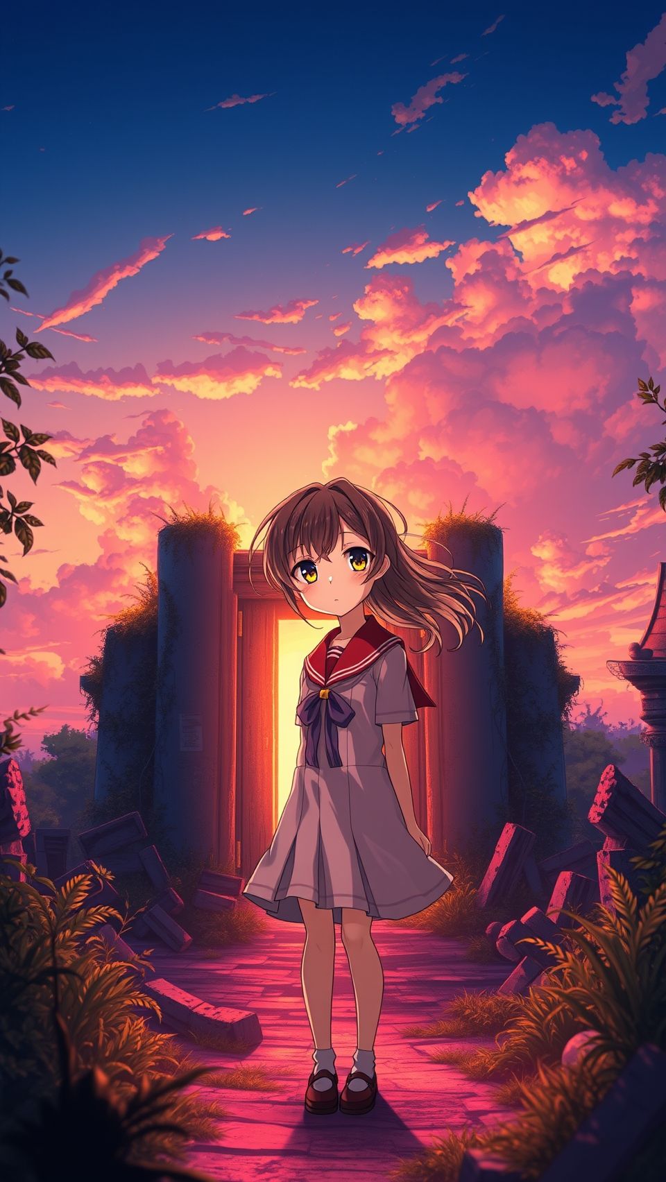 Suzume no Tojimari anime girl standing before glowing door at sunset wallpaper