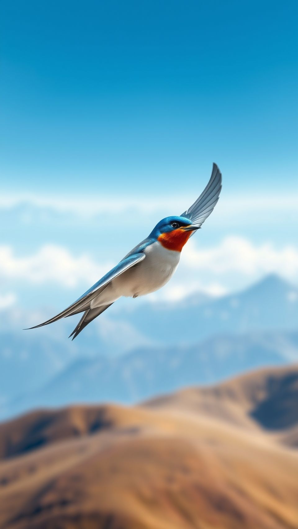 A swallow bird in flight soaring over majestic mountains under a clear blue sky.