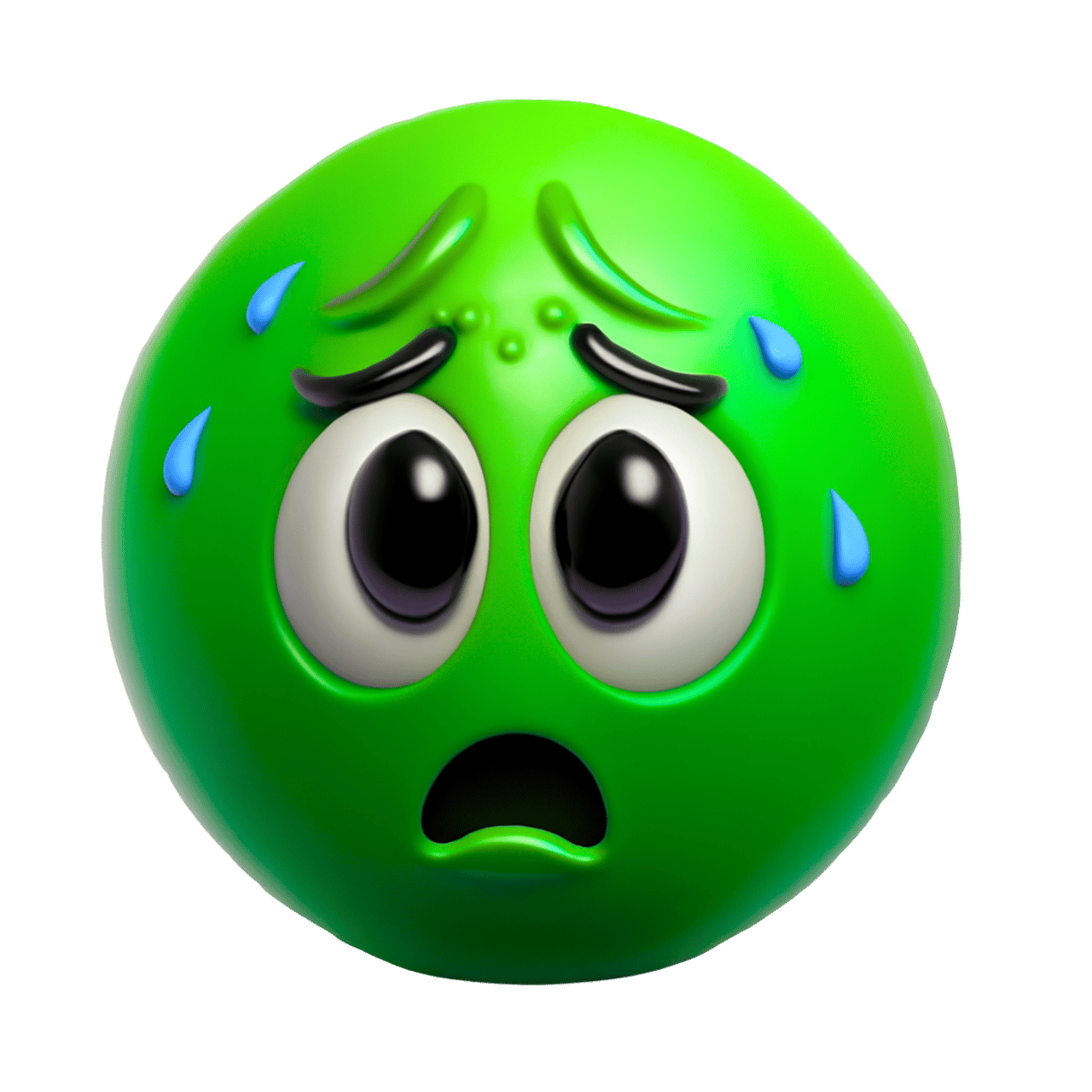 Green 3D sweating emoticon emoji with big eyes and anxious expression.