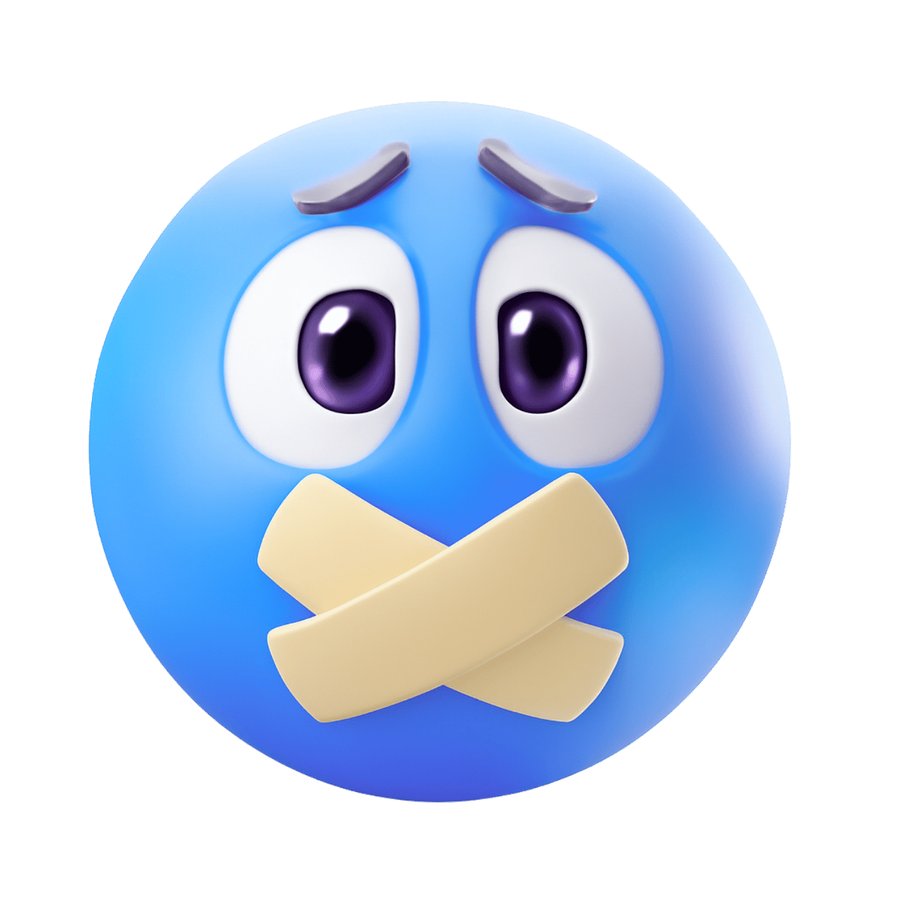 Blue emoji with a duct tape over its mouth, symbolizing silence or secrecy.