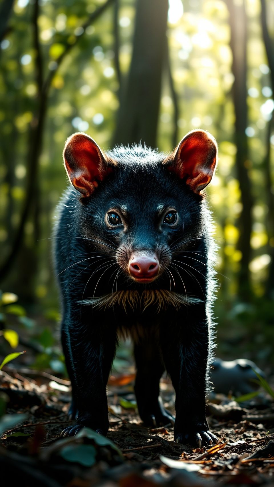Realistic Tasmanian devil standing in dense Australian forest with detailed fur and sunlight