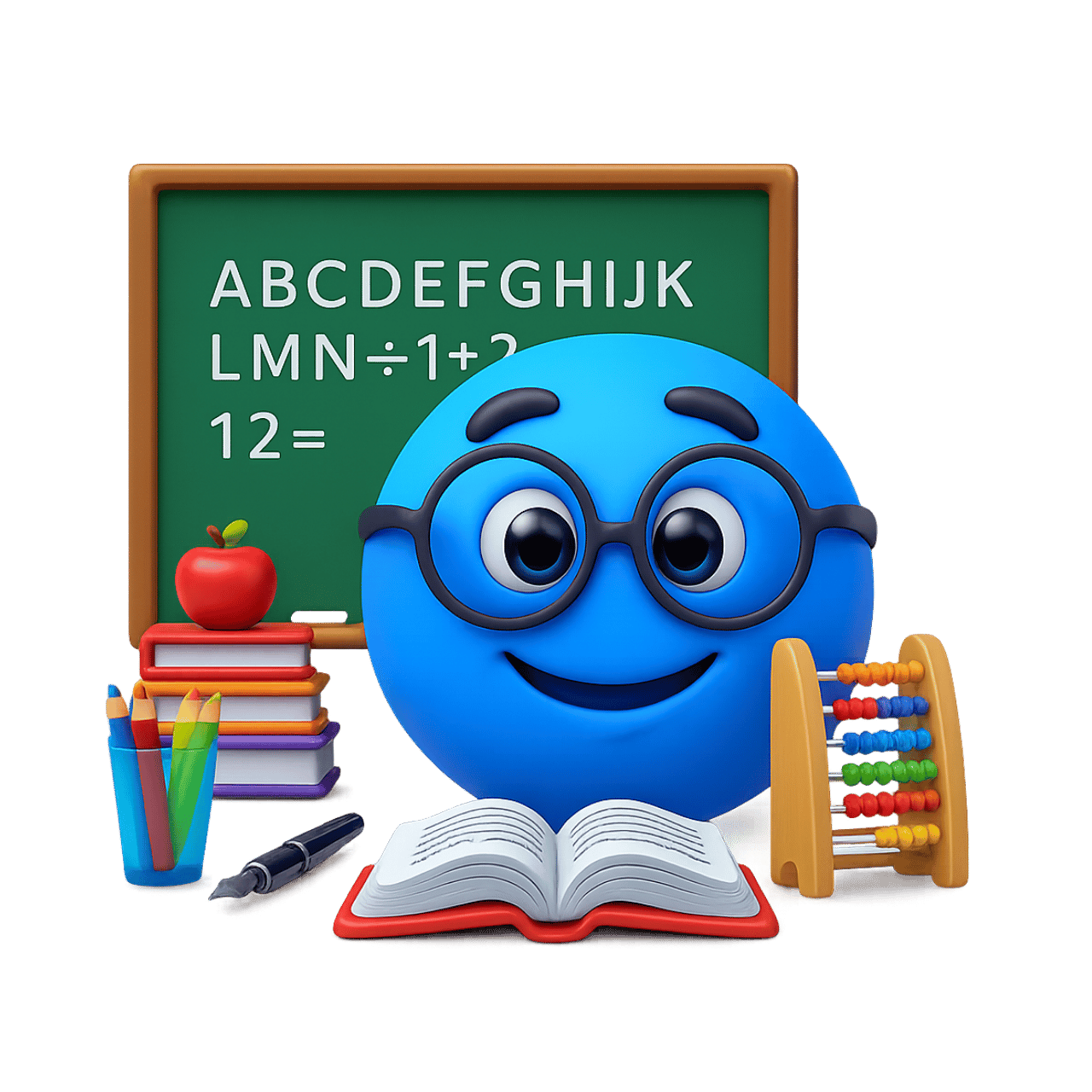 Blue teacher emoticon emoji with books, chalkboard, and abacus for learning education concept