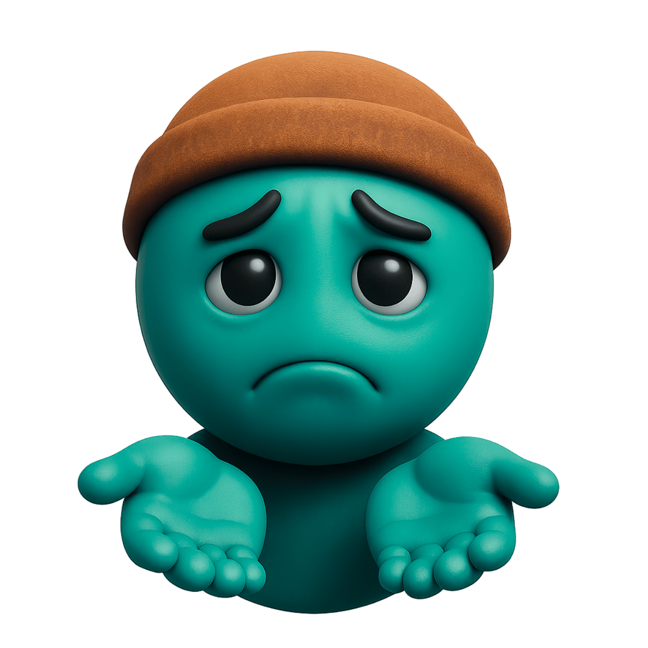 Teal beggar emoji with brown hat showing empty hands and sad disappointed expression