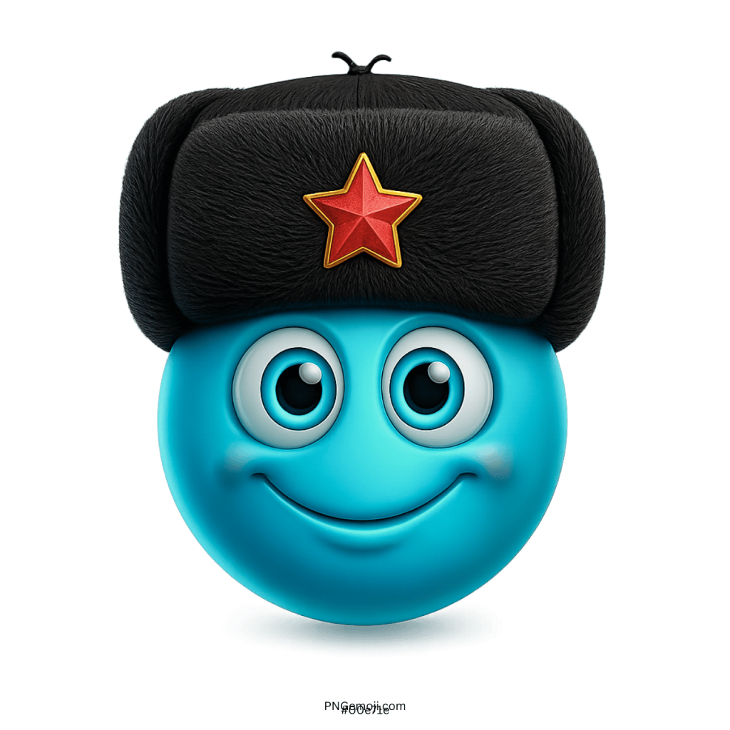 Teal blue smiling emoji wearing black fur hat with red star emblem