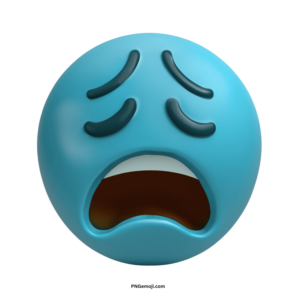 Teal blue weary emoji face expressing exhaustion, sadness, stress, and overwhelming tired emotions