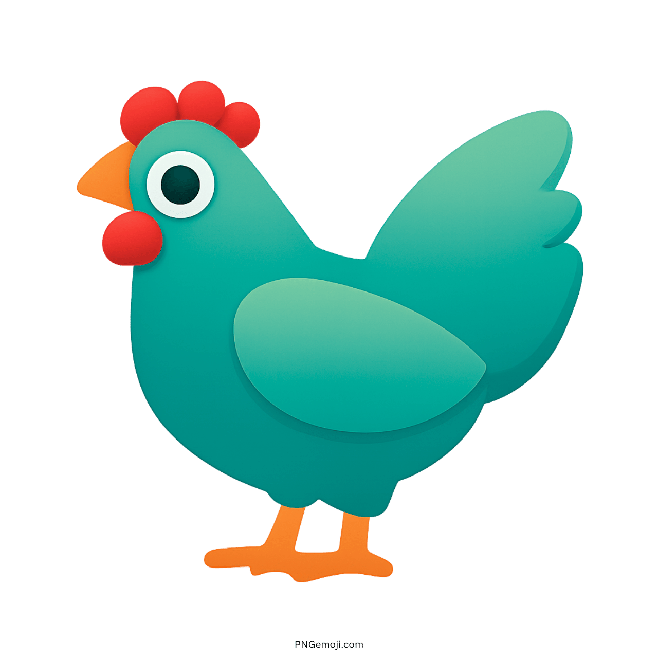Vibrant teal chicken emoji with red comb, orange beak, and feet on a dark green background, ideal for digital use.