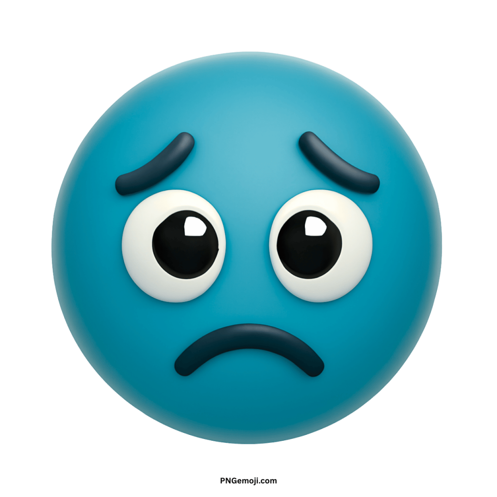 Teal disappointed face emoji with sad eyes, curved brows, and a frowning mouth