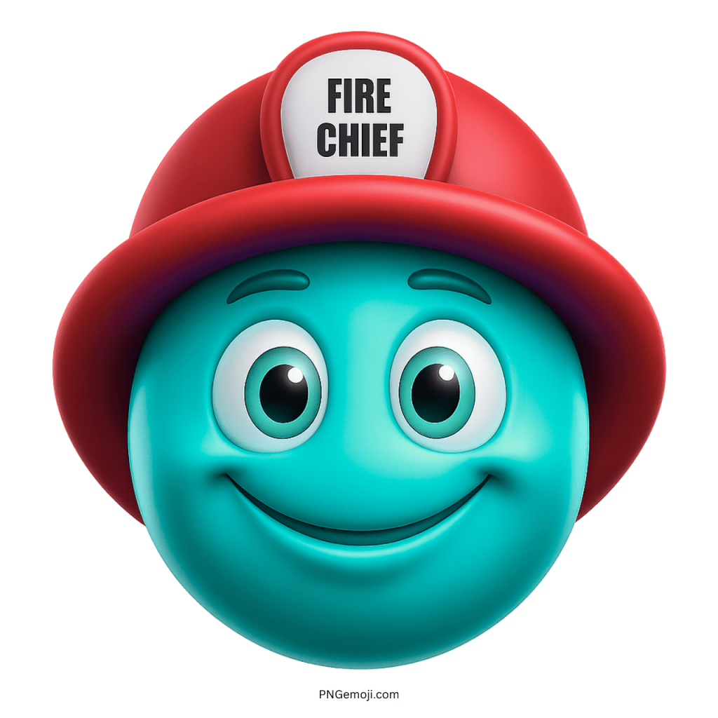 Teal smiling emoji face wearing a red fire chief helmet
