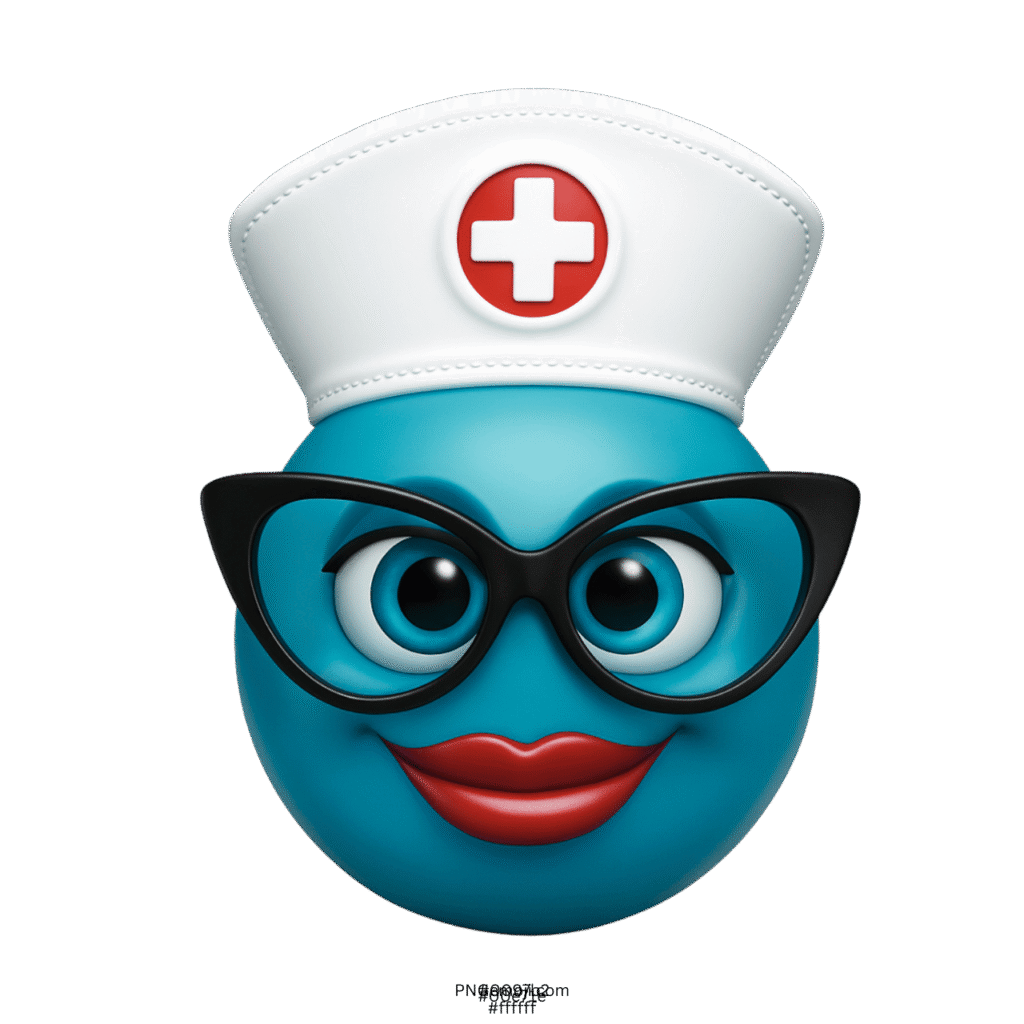 Teal nurse emoji wear black glasses and red lips with nurse cap