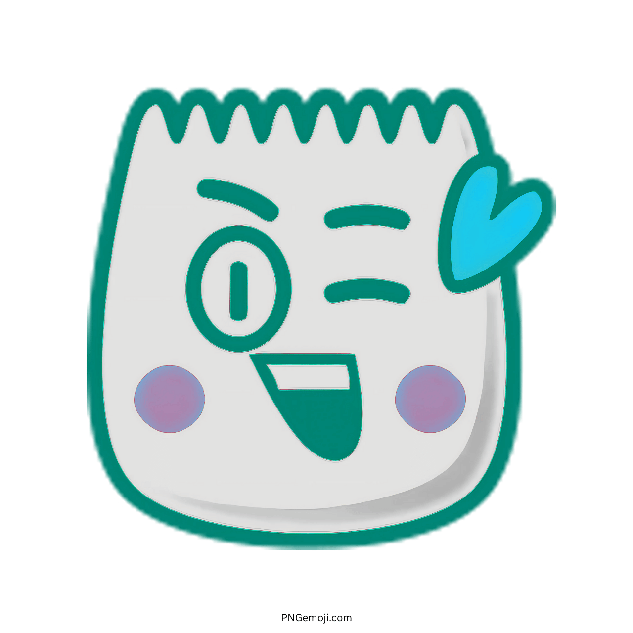 Winking Blink TikTok emoji with heart-shaped blue detail and teal outline, cheerful expression.