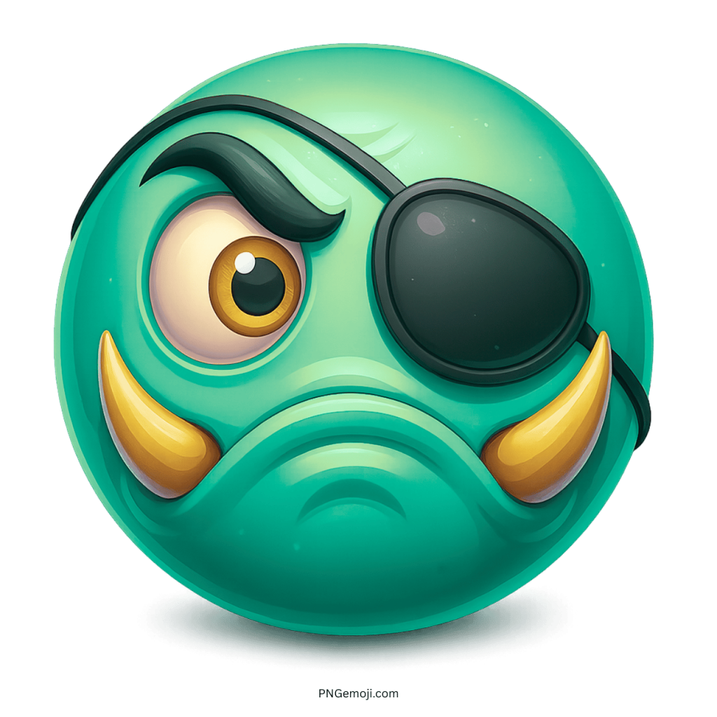 Teal monster emoji with eyepatch and tusks, angry pirate cartoon face