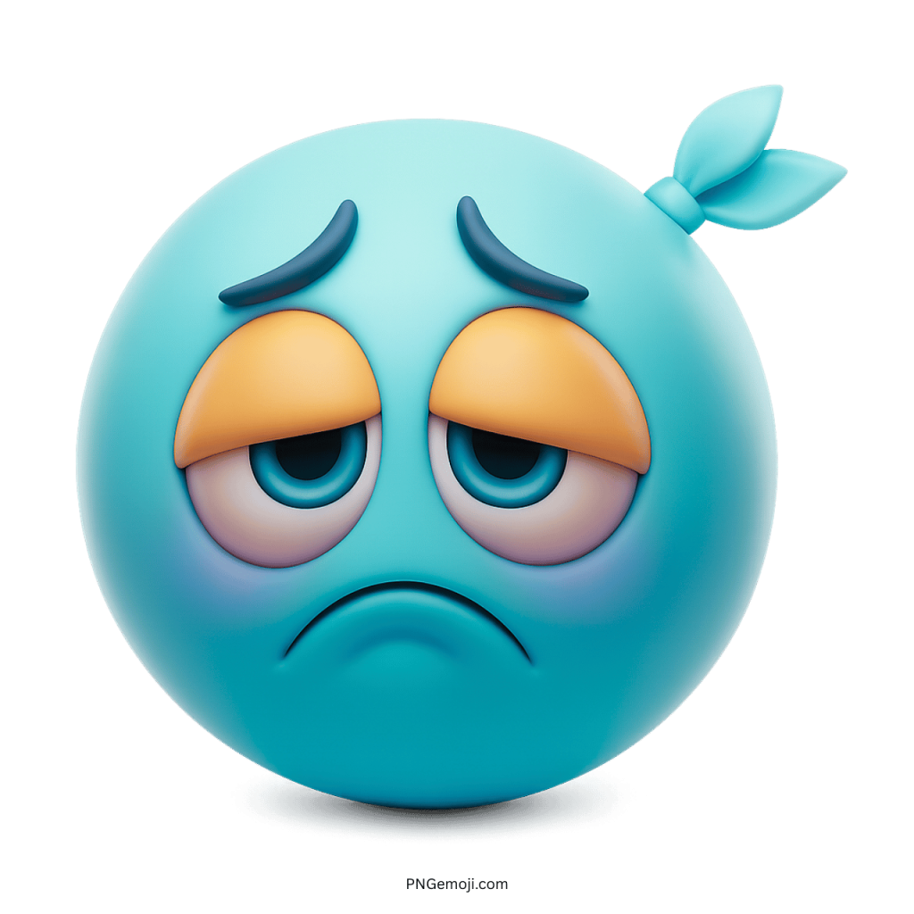Teal blue sad emoji with droopy eyes and tired unhappy face