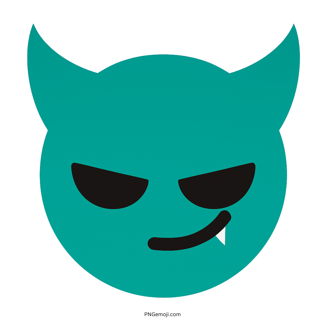 Teal wicked devil Tiktok emoji face with sly smirk, horns, and sharp white fang