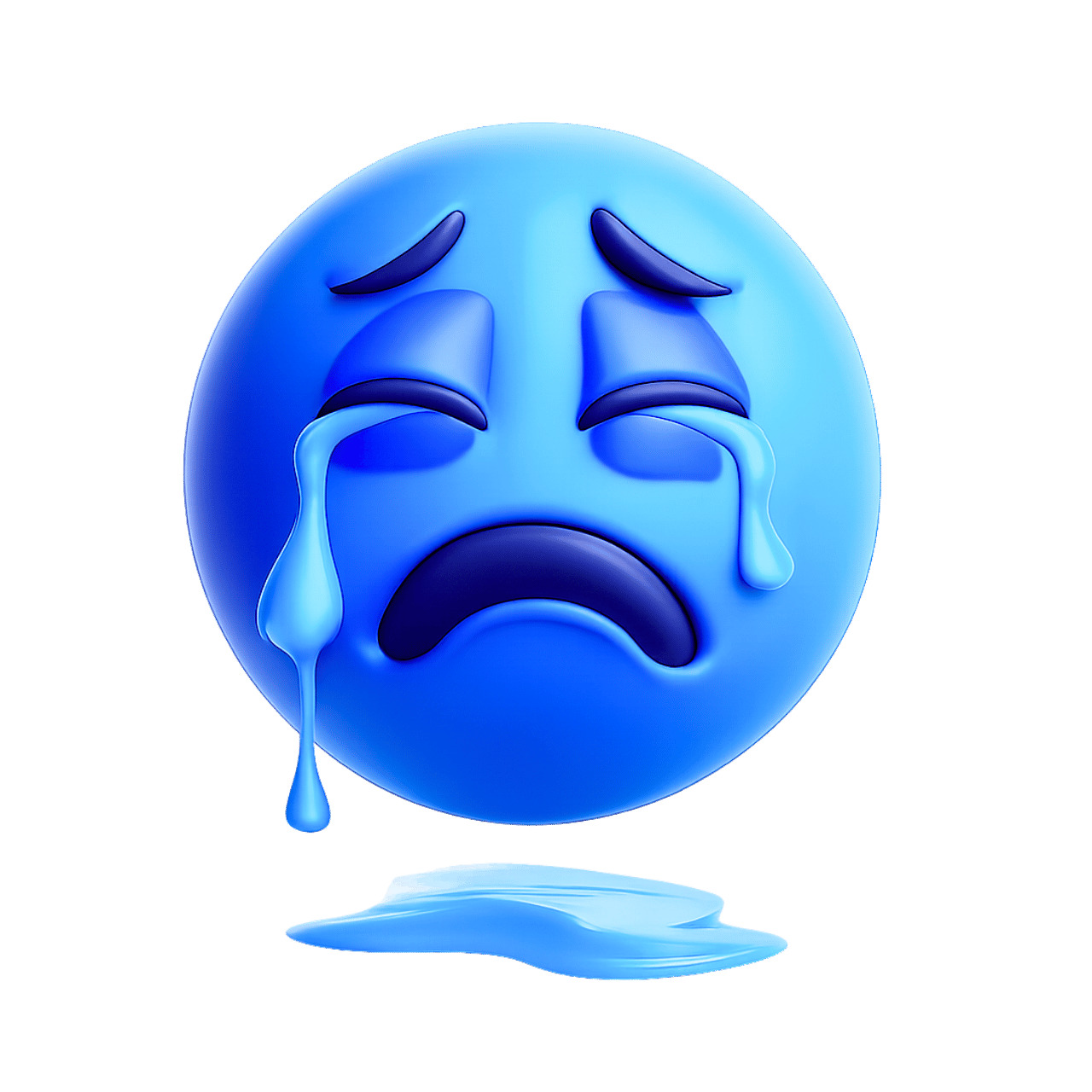 3D blue tears flow emoji with sad expression and water puddle