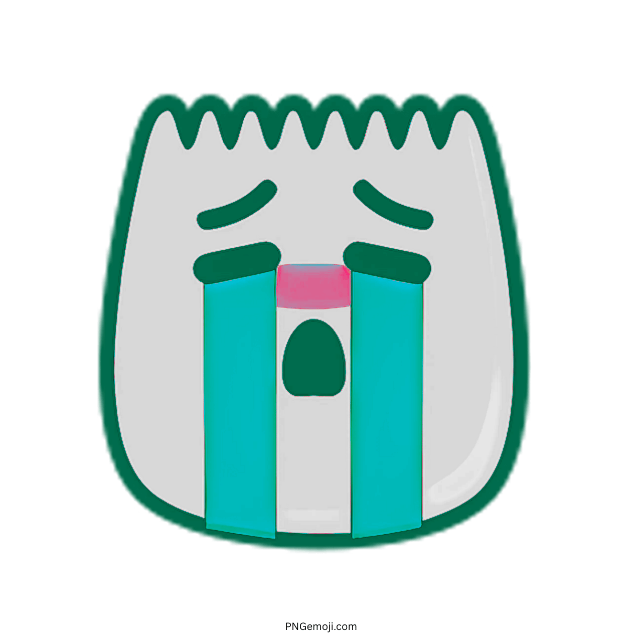 Sad TikTok emoji with teal tears flowing down.