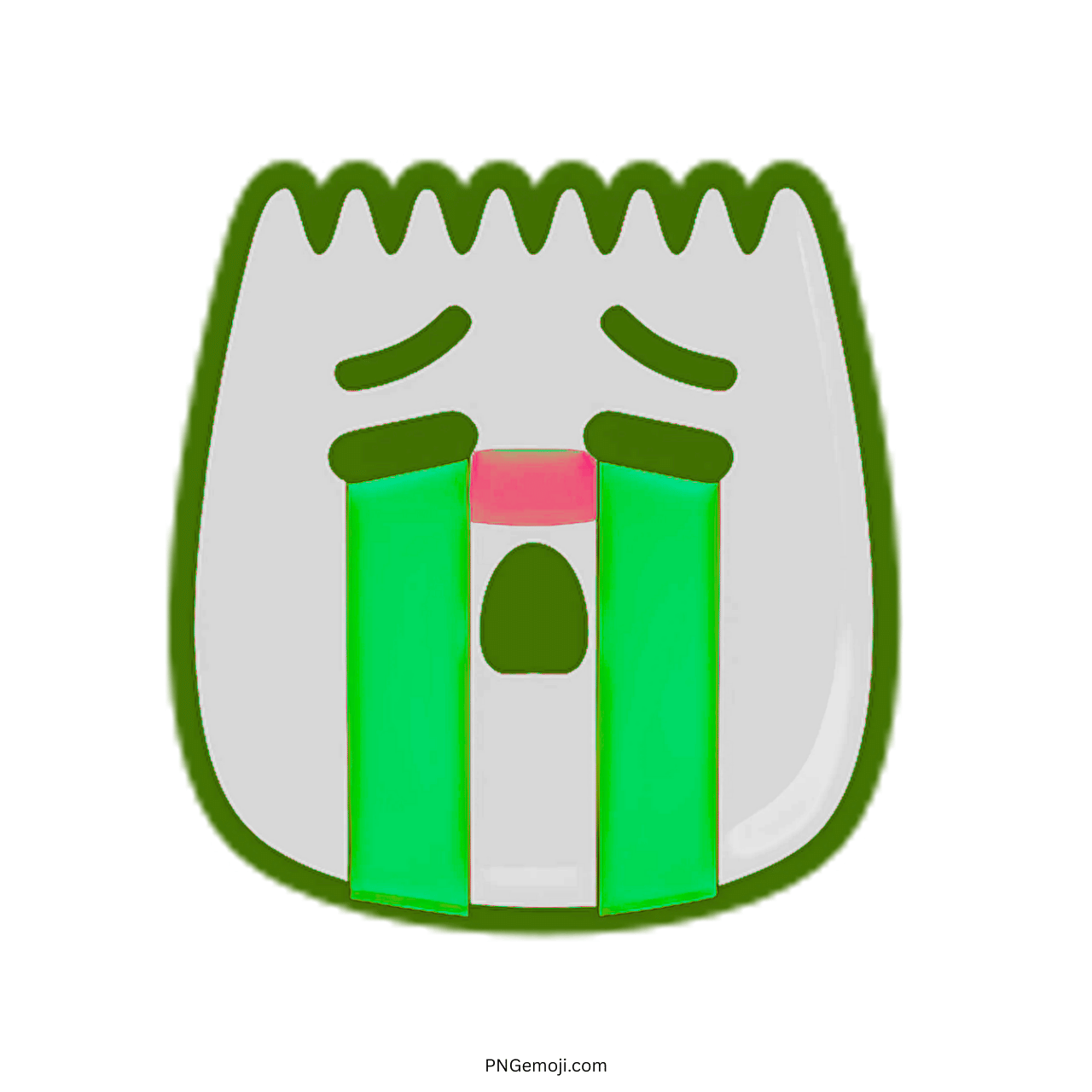 Sad TikTok emoji with tears and green stripes, crying face expression on transparent background