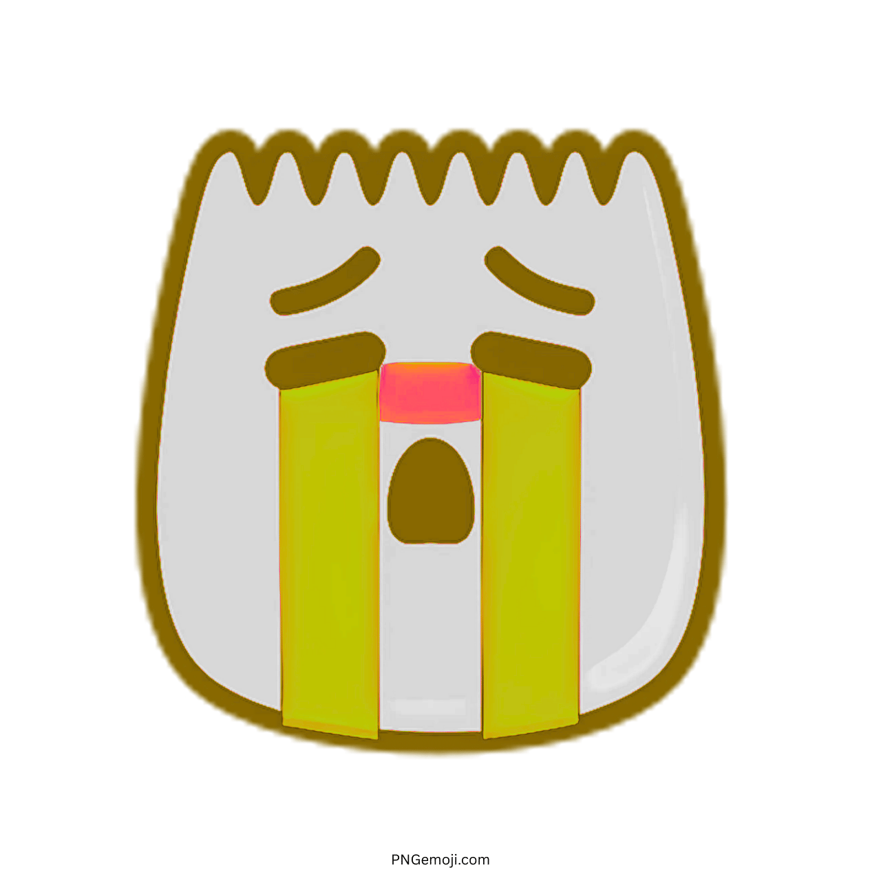 Sad TikTok emoji with tears and yellow stripes, crying face expression on transparent background