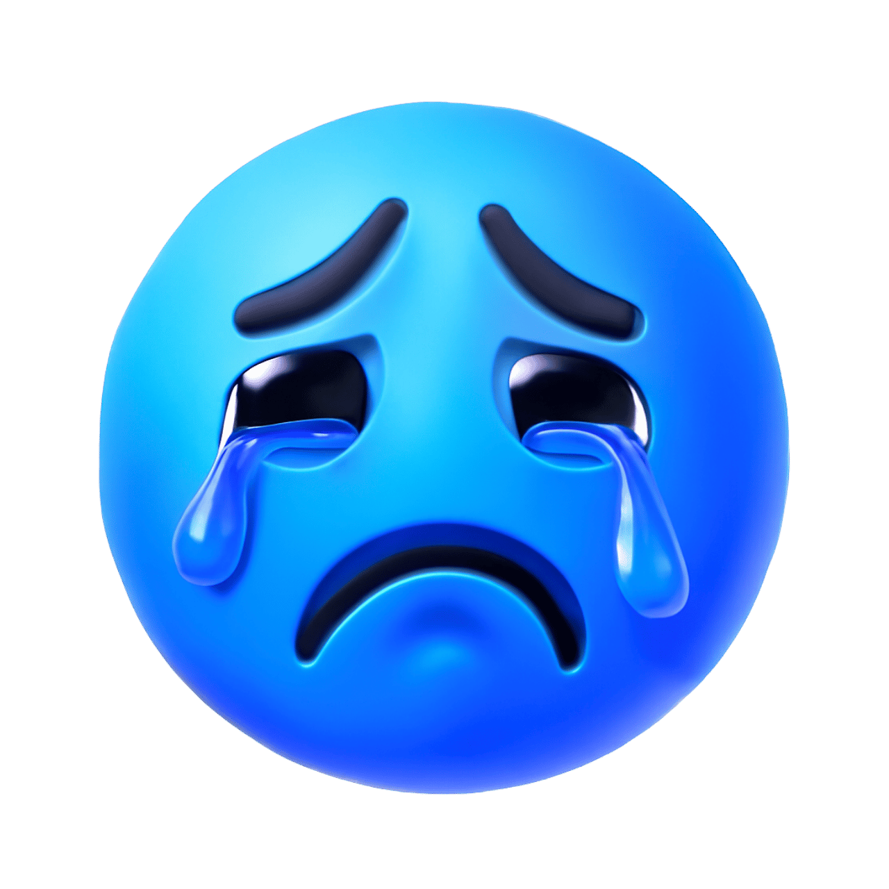 Teary-eyed emoji showing blue face with tears and a sad expression, 3D animated style.
