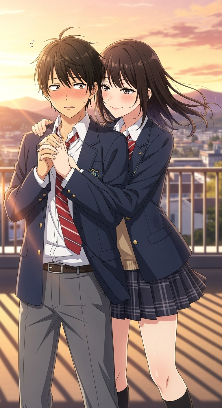Teasing Master Takagi-san romantic anime couple in school uniform wallpaper during sunset