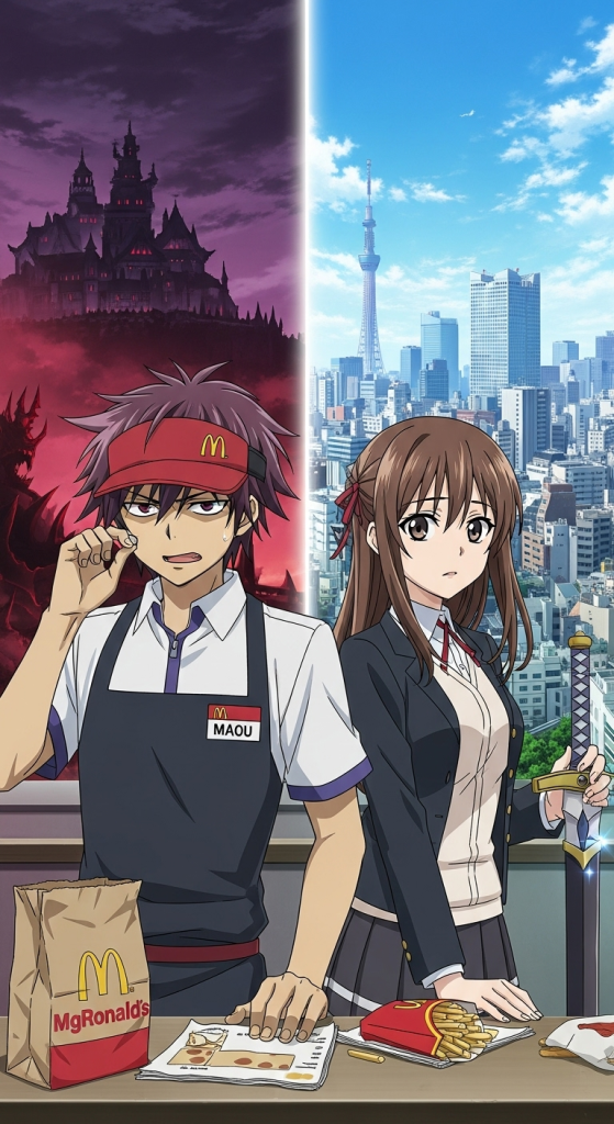The Devil Is a Part-Timer anime wallpaper featuring Maou Sadao and Emilia in Tokyo